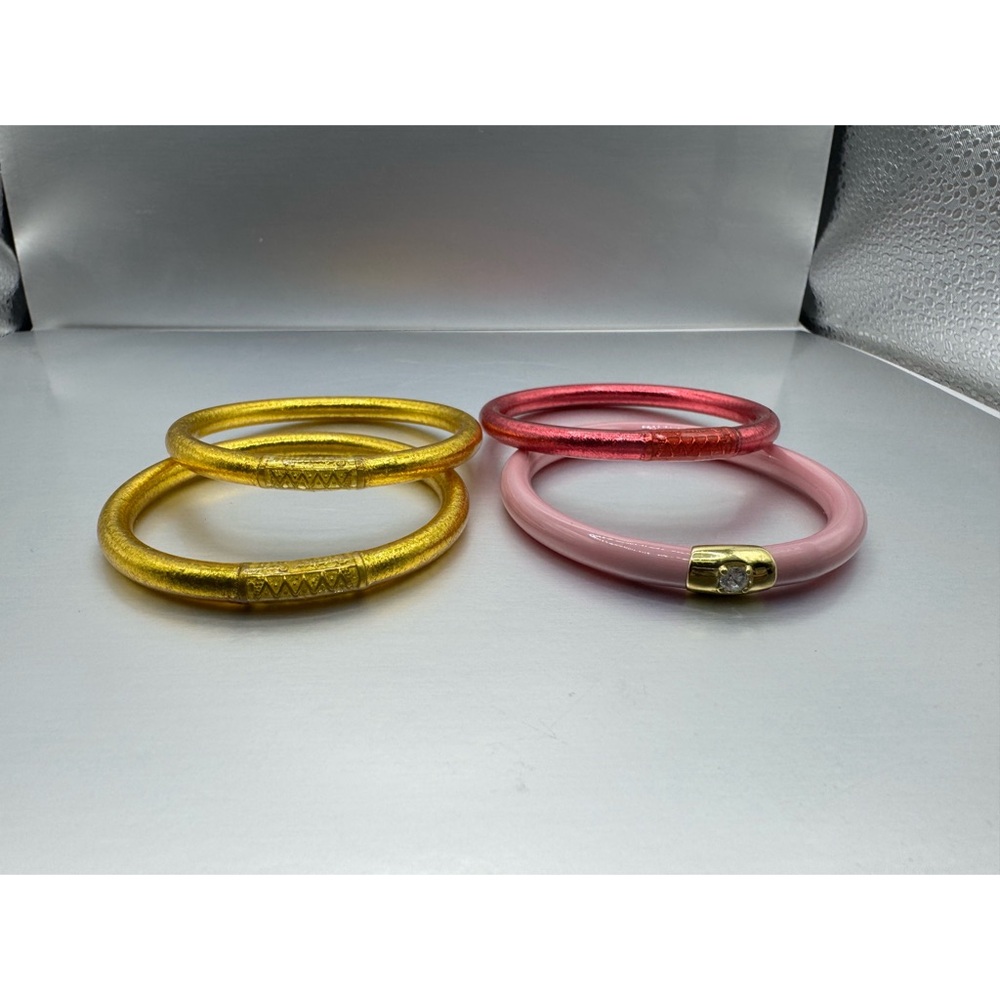 Baby Kids BuDha Girl all weather quiet Gold and Pink Bangle Bracelet Set of 4